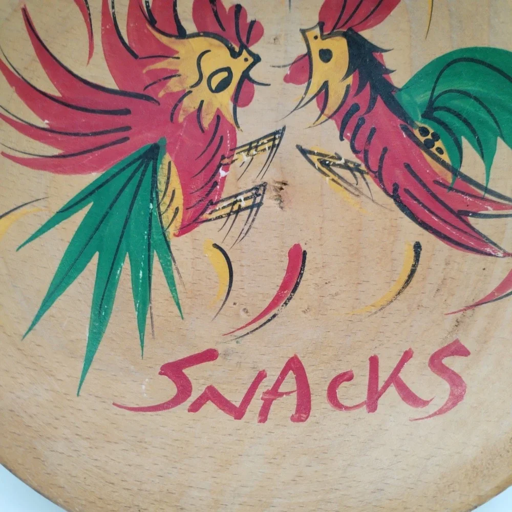 Vintage Hand Painted Wooden Rooster Snack Bowl Handle MCM‎ Folk Art Foreign Mark